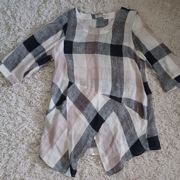 Helen’s Heart 100% Linen Plaid Tunic Top Women’s M Beige Black Gray Asymmetrical - Picture 2 of 8